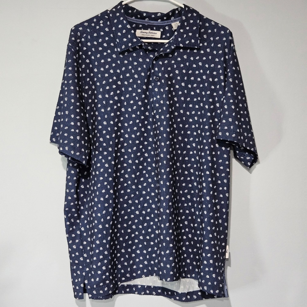 Tommy Bahama The Bahama Coast Islandzone Polo Mens Large Navy Blue Sailboat